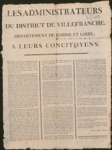 Les administrateurs du district de Villefranche, département de Rhône et Loire, à leurs concitoyens.