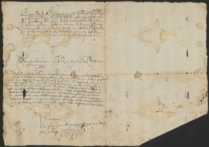 Lettre signée avec souscription autographe de Guillaume de Gadagne (Lyon 1534-1601), sénéchal de Lyon, lieutenant général pour le Lyonnais, le Forez et le Beaujolais, à M. de Rebbé.