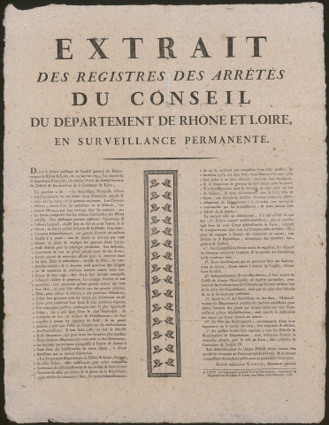 Extrait des registres des arrêtés du conseil du Département de Rhône et Loire en surveillance permanente.