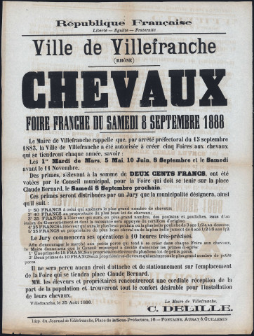 Ville de Villefranche. Chevaux. Foire franche du samedi 8 septembre 1888 (25 août 1888).