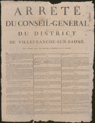 Arrêté du conseil général du district de Villefranche-sur-Saône, le 7 octobre 1793, l'An second de la République une et indivisible.