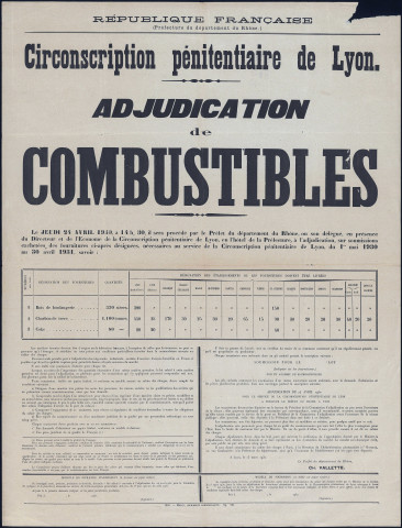 Circonscription pénitentiaire de Lyon. Adjudication de combustibles (15 mars 1930).