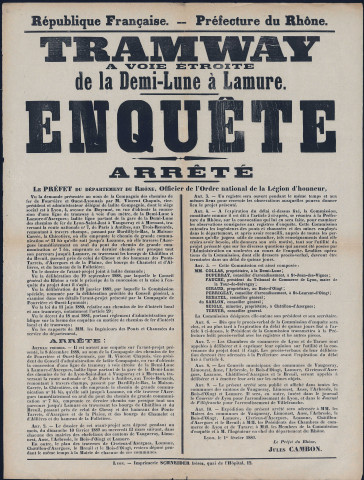 Tramway à voie étroite de la Demi-Lune à Lamure. Enquête. Arrêté préfectoral (1er février 1889).