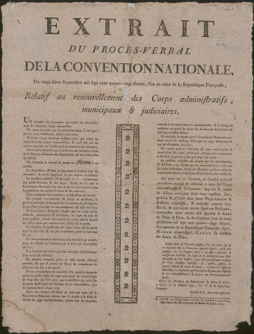 Extrait du procès-verbal de la Convention nationale du 22 septembre 1792, l'An premier de la République française, relatif au renouvellement des corps administratifs, municipaux et judiciaires.