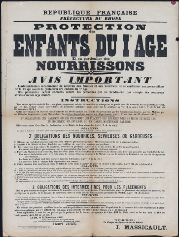 Protection des enfants du 1er âge et en particulier des nourrissons. Avis important (23 novembre 1883).