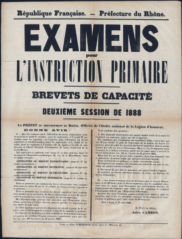 Examens pour l'instruction primaire. Brevet de capacité. Deuxième session de 1888 (17 août 1888).