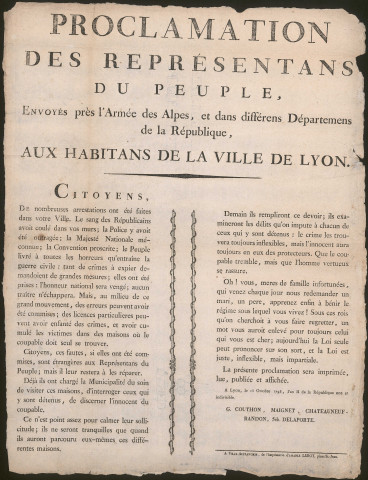 Proclamation des représentants du Peuple, envoyés près l'Armée des Alpes, et dans différents départements de la République, aux habitants de la ville de Lyon (15 octobre 1793).