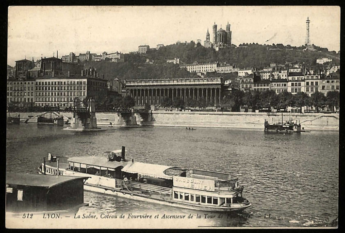 Lyon. La Saône, coteau de Fourvière et ascenseur de la tour de Fourvière.