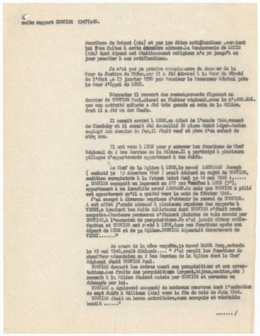 Rapport de l'officier de police adjoint Louis Brun au chef de la Sûreté urbaine de Lyon au sujet du "recours en amnistie du nommé TOUVIER Paul".