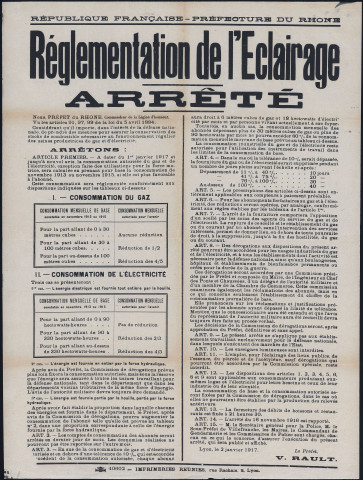 Réglementation de l'éclairage. Arrêté préfectoral (2 janvier 1917).