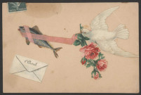 Bouquet de roses, une colombe et un poisson.