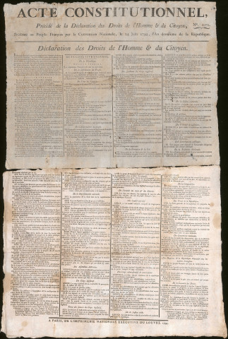 Acte constitutionnel, précédé de la Déclaration des Droits de l'Homme et du Citoyen, présenté au peuple français par la Convention nationale le 24 juin 1793, l'An deuxième de la République - n° 1072.