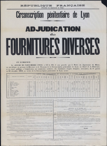 Circonscription pénitentiaire de Lyon. Adjudication de fournitures diverses (3 novembre 1933).