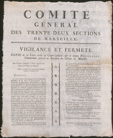 Comité général des trente-deux sections de Marseille. "Vigilance et fermeté".