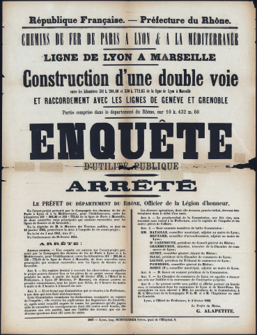 Chemins de fer de Lyon à la Méditerranée. Ligne de Lyon à Marseille. Construction d'une double voie et raccordement avec les lignes de Genève et Grenoble. Enquête d'utilité publique. Arrêté préfectoral (4 février 1902).