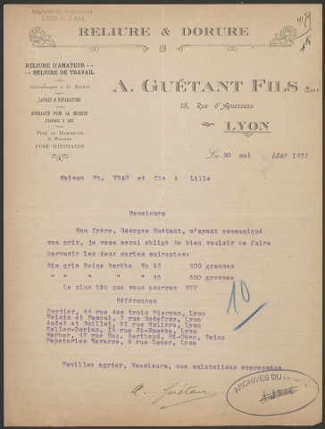 Reliure et dorure A. Guétant Fils - Lyon.