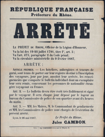 Tenue des registres d'hôtels, auberges et garnis. Arrêté préfectoral (26 mai 1887).