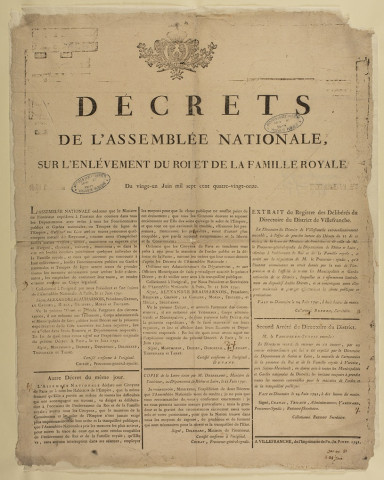 "Décrets de l'Assemblée nationale sur l'enlèvement du roi et de la famille royale, du 21 juin 1791".