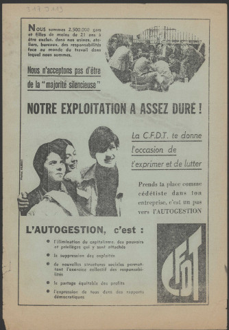 Adresse aux jeunes travailleurs par la Revue Syndicalisme de la CFDT, 21x29,7 cm, Couleur.