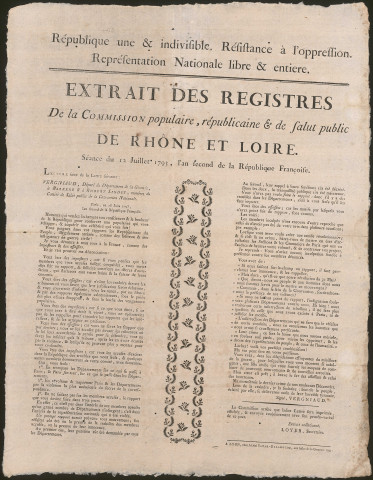 Extrait des registres de la Commission populaire, républicaine et de salut public de Rhône et Loire, le 12 juillet 1793, l'An second de la République française.