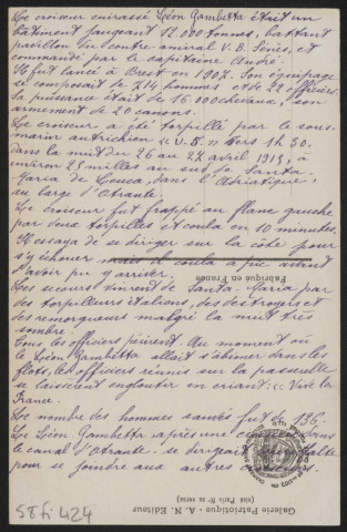 « Le cuirassé Léon Gambetta. Coulé dans le canal d'Otrante » (nuit du 26 au 27 avril 1915).