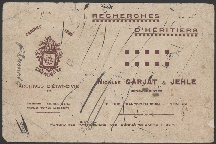 Nicolas Carjat et Jehlé, généalogistes - Lyon.