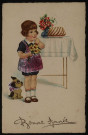 Fillette avec petit chien et bouquet de pâquerettes regardant un beau gâteau.
