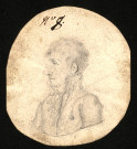 Portrait non identifié au crayon d'un homme de profil en tenue militaire et décoration, 7,5 cm x 6,5 cm.