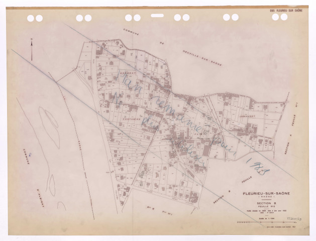 Section B 2e feuille. Cadastre révisé pour 1938. 2e édition à jour pour 1978. Réédité pour 1982. Feuille dressée en 1828, mise à jour pour 1932. 4e édition à jour pour 1980. Feuille supprimée pour 1989 pour remaniement.