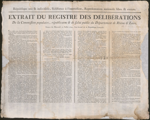 Extrait du registre des délibérations de la Commission populaire, républicaine et de salut public de Rhône et Loire, le 10 juillet 1793, l'An second de la République française.