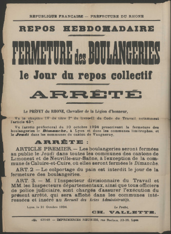 Fermeture des boulangeries le jour du repos collectif. Arrêtés préfectoraux (10 octobre 1924-7 janvier 1925).