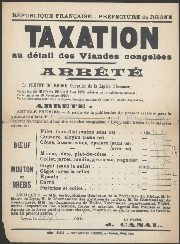 Taxation au détail des viandes congelées. Arrêté préfectoral [31 décembre 1920]