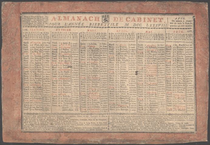 Calendrier pour 1788.