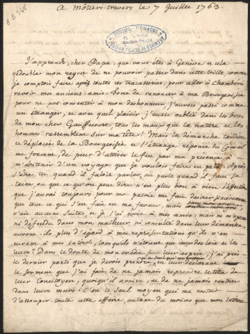 Lettre de Jean-Jacques Rousseau à M. de Gauffecourt à Genève.