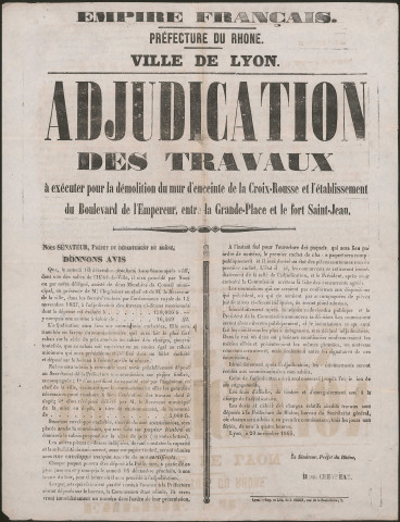 Adjudication des travaux à exécuter pour la démolition du mur d'enceinte de la Croix-Rousse et l'établissement du boulevard de l'Empereur, entre la Grande-Place et le fort Saint-Jean.