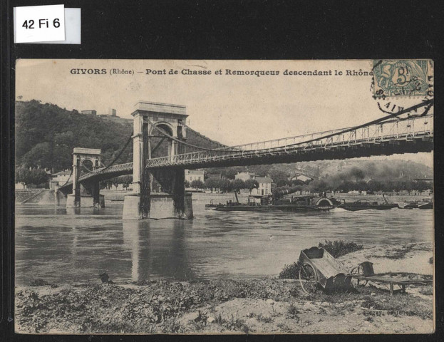 Le pont de Chasse avec remorqueur descendant le Rhône.