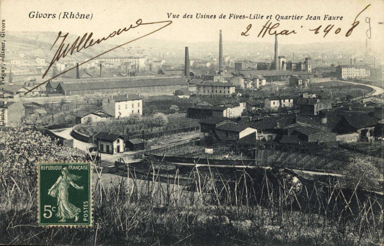 Givors. Vue des usines Fives-Lille et quartier Jean Faure.