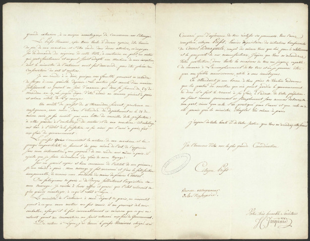 Lettre de Joseph Charles Jacquard au préfet du Rhône demandant la restitution de la machine de son invention "servant à suppléer le tireur de lacs dans la fabrication des étoffes brochées".