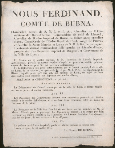Nous Ferdinand, comte de Bubna (22 juillet 1815).