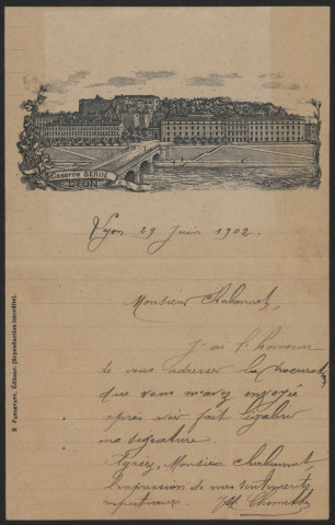 Papier à en-tête « Caserne de Serin - Lyon ».