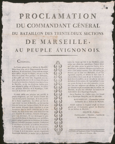 Proclamation du commandant général du bataillon des trente-deux sections de Marseille, au peuple avignonnais.