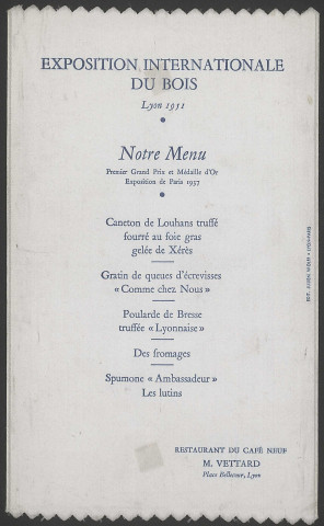 Menu du banquet tenu pour l'exposition internationale du bois à Lyon (1951).
