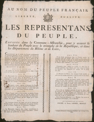 Les représentants du Peuple, envoyés dans la Commune-Affranchie, pour y assurer le bonheur du Peuple avec le triomphe de la République, dans tous les départements environnants, et près l'Armée des Alpes (1er Pluviôse An II).