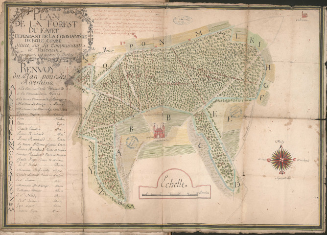 Plan de la forêt du fayet, du château de bellecombe, de chemins.