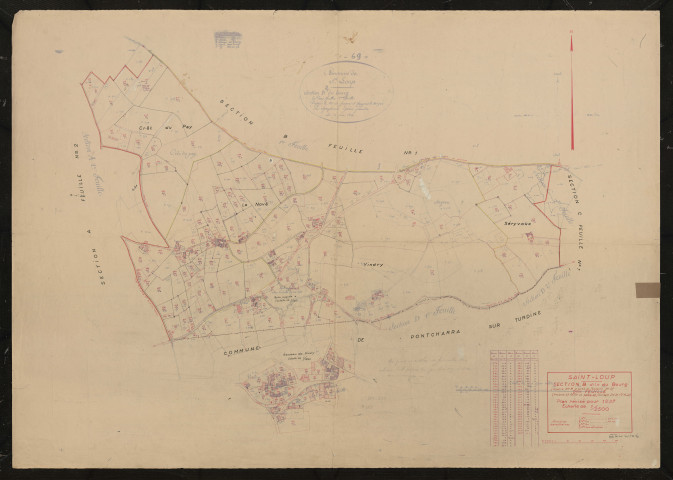 Section B dite du Bourg (ancienne section B et partie de l'ancienne section D) 2e feuille (ancienne 2e feuille et partie de l'ancienne section D 1ère feuille). Plan révisé pour 1937.