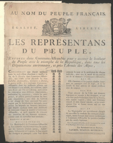 Les représentants du Peuple, envoyés dans la Commune-Affranchie, pour y assurer le bonheur du Peuple avec le triomphe de la République, dans tous les départements environnants, et près l'Armée des Alpes (18 Germinal an II).