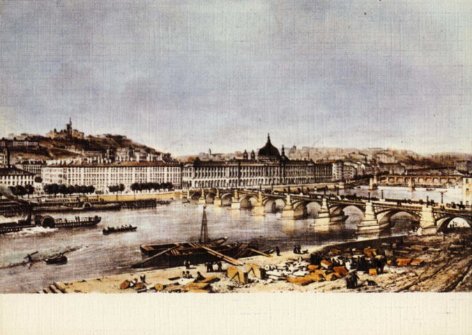 Lyon. Le pont de la Guillotière, quai du Rhône et l'Hôtel-Dieu.