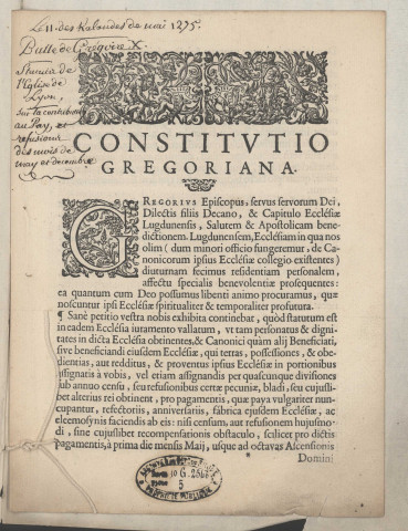 Constitution grégorienne, ou bulle du pape Grégoire X, confirmant les statuts du chapitre sur la paie et les réfusions.