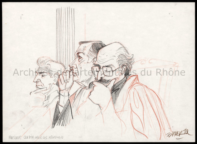 Portrait de profil gauche aux côtés de ses deux assesseurs, Gérard Becquet et André Picherit.