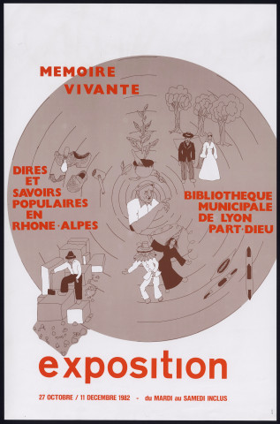 Bibliothèque municipale de la Part-Dieu à Lyon. Exposition "Mémoire vivante. Dires et savoirs populaires en Rhône-Alpes" (27 octobre-11 décembre 1982).
